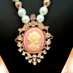 Pink Cameo, Multi Gemstone Necklace (20-22 Inches)
and Earrings in Rosetone